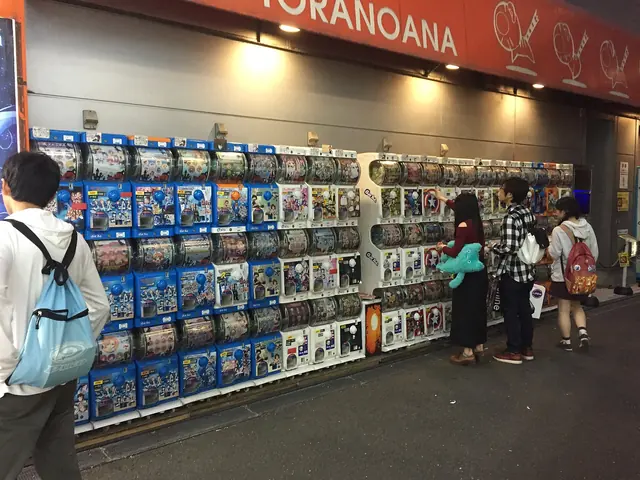 Blue and white capsule-toy machines stacked four high along a building wall under a red Toranoana sign, with people passing
