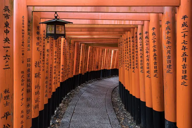 A path curving through rows of vermilion torii gates with a hanging lantern