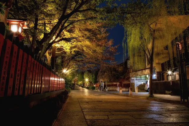 A stone-paved lane at night with a red shrine fence on the left, lit trees and lanterns