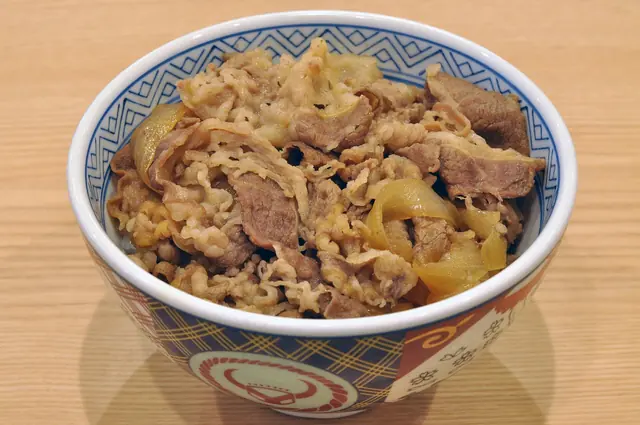A bowl of thinly sliced beef and onion over rice in a blue-patterned bowl