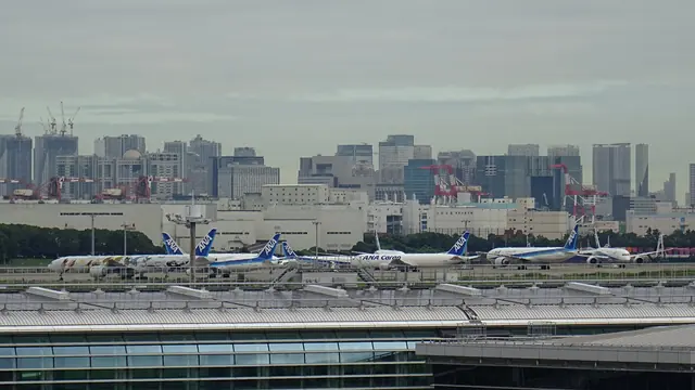 A row of ANA aircraft at the terminal with the Tokyo skyline behind