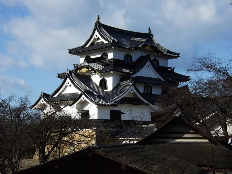 The white keep of Hikone Castle with black roofs and curved gables behind bare branches