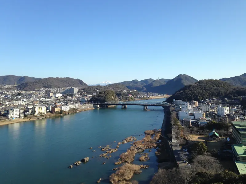 The Kiso River and Inuyama Bridge seen from the top floor of Inuyama Castle