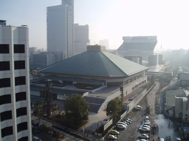 The green pitched roof of the Ryogoku Kokugikan sumo hall seen from above among office buildings