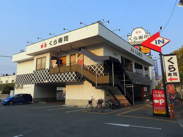 A Kura Sushi restaurant with a red IN arrow sign at the car park entrance and stairs up to the dining room