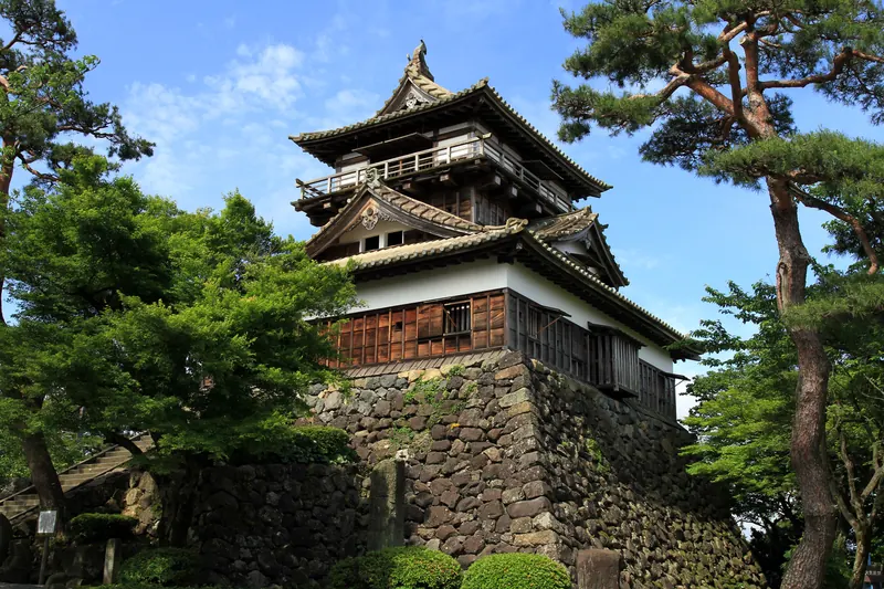 The dark wooden keep of Maruoka Castle on a stone base among pine trees