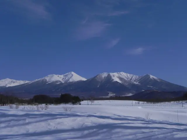 Two snow-covered peaks rising behind a snowfield