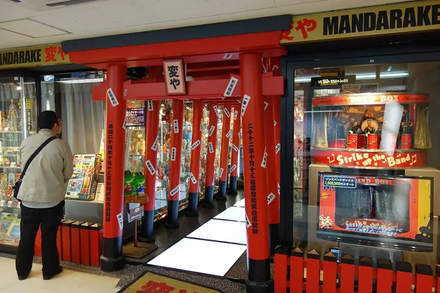 A row of red torii gates forming a shop entrance under a yellow Mandarake sign, with a man looking into a display case