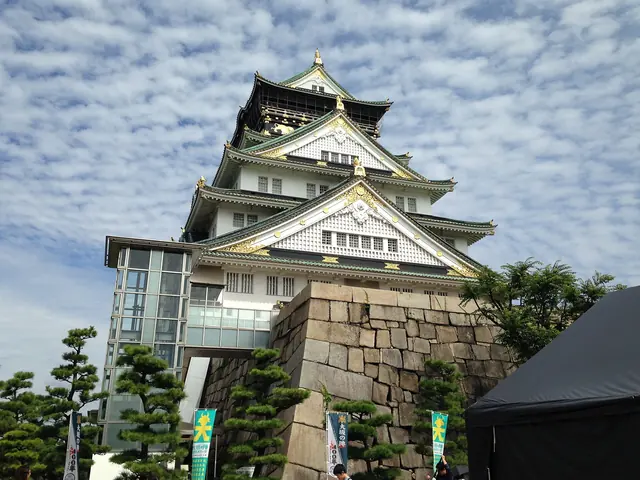 The main tower of Osaka Castle with green roofs and gold ornaments seen from below above a stone wall and pine trees