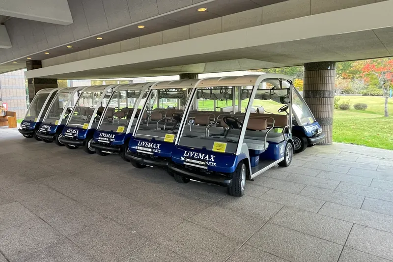 A row of blue-and-white open electric carts with brown bench seats parked under a concrete canopy, with a lawn and a red-leaved tree beyond