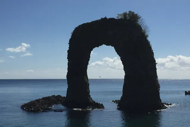 A tall natural rock arch standing in shallow sea, dark against a bright sky, with shrubs growing on its top