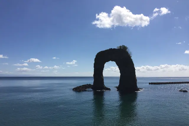 A dark rock arch with shrubs on its top standing in calm sea a short way from shore, with a white cloud above it and a breakwater at the right