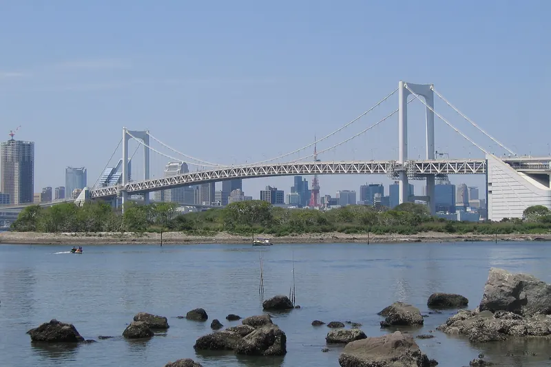 A white suspension bridge across the water, seen from a rocky shore