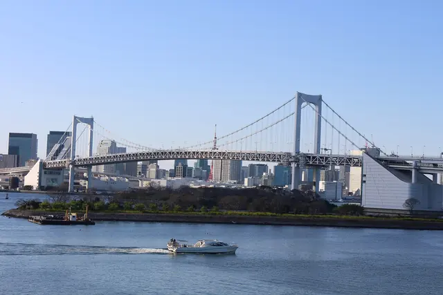 Photo: Suicasmo (CC BY-SA 4.0) A white suspension bridge with two towers crossing a bay on a clear day, with a red-and-white tower and tall buildings behind it
