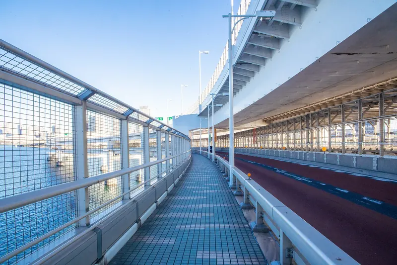 A tiled walkway with a wire-mesh fence on one side and a road beside it, under the upper deck of a bridge