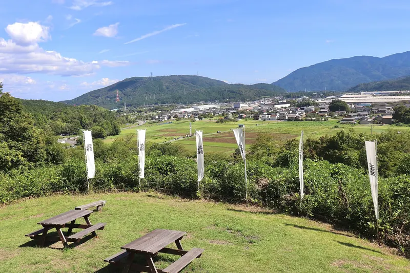 A row of white banners on a grassy hilltop with picnic tables, looking over fields and a small town towards mountains