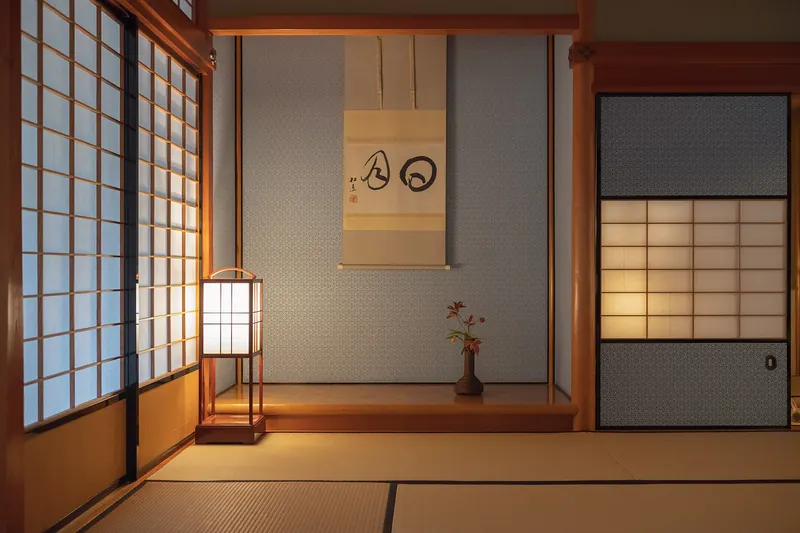 A tatami room with a hanging scroll and a small flower vase in the alcove, a paper lantern and shoji screens