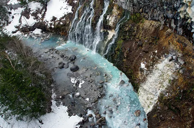 Falls running into a blue river with patches of snow on the banks