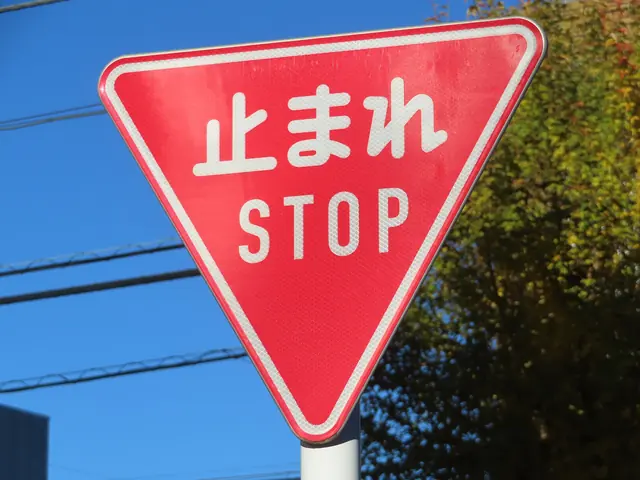 A red inverted-triangle road sign reading 止まれ and STOP