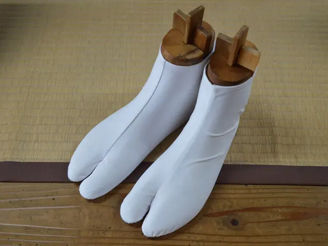A pair of white split-toe tabi socks on wooden forms on a tatami mat