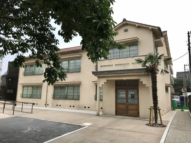 A cream two-storey building in the style of an old apartment house, with a brown door, a palm tree and branches in front
