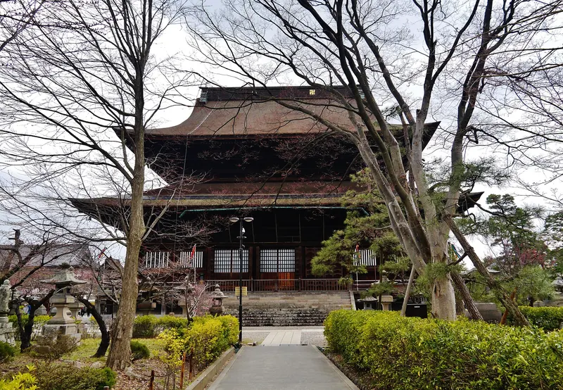 A huge dark wooden temple hall with a tall double roof, at the end of a path between bare trees and hedges